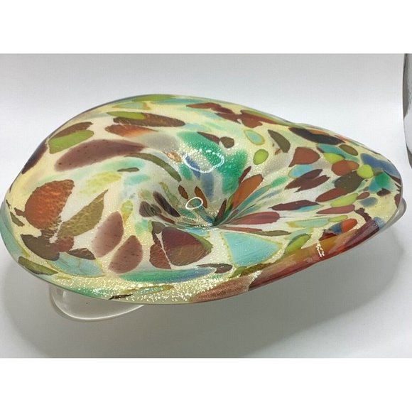 Multicolored Hand Blown Art Glass Bowl Dish Footed Polished Bottom - Picture 4 of 9